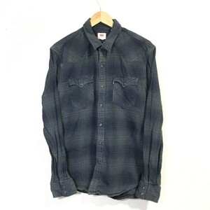 H7383dE Levi's リーバイス 長袖シャツ チャコールグレー×ネイビー メンズ L チェックシャツ ネルシャツ 厚手 アメカジ 古着