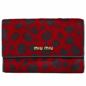 本物 ミュウミュウ MIU MIU ハラコ レザー 折財布 コンパクトウォレット レッド ブラック