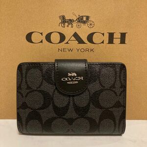 新品　COACH 長財布　コーチ　二つ折り財布　レディース メンズ ブラック シグネチャー シルバー