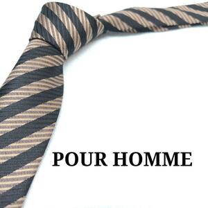 POUR HOMME ブラウン ストライプ シルク 中古 日本製 ネクタイ