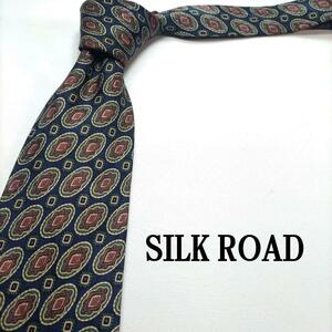SILK ROAD ダークブルー ドット柄絹100％ ネクタイ