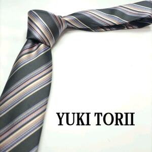 YUKI TORII gray stripe silk 100% necktie 