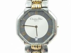 1円～【不動】Christian Dior ディオール オクタゴン 腕時計 クォーツ デイト D45-204 グレー シルバー ゴールド☆ウォッチ メンズ 中古