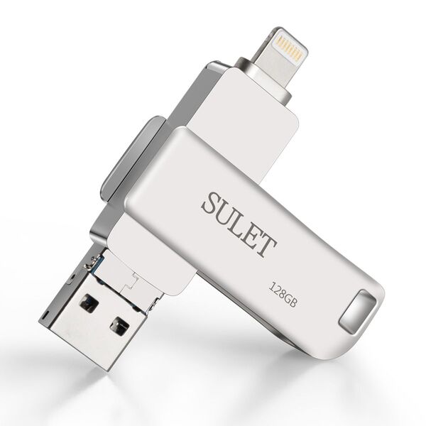 USBメモリ 128GB iPhone フラッシュドライブ 回転式 3in1 亜鉛合金(シルバー)