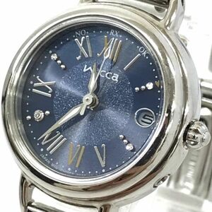 美品 CITIZEN シチズン wicca ウィッカ 腕時計 H0F6-R007491 電波ソーラー アナログ ラウンド ネイビー シルバー レディース 動作確認済み