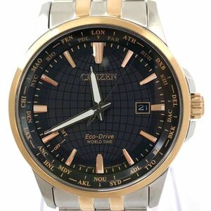 美品 CITIZEN シチズン Eco-Drive エコドライブ 腕時計 BX1006-85E ソーラー ラウンド ブラック ゴールド シルバー ワールドタイム 動作OK