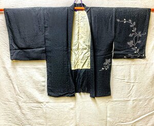 1058B/ antique woman feather woven kimono black ground aperture stop branch flower map retro stylish remake material old cloth Japanese clothes 