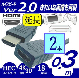 □【2本セット】ハイスピードVer2.0 30cm HDMI延長ケーブル (オス/メス) 4KフルHD 3D ネットワーク対応 2HDMI-03Ex2