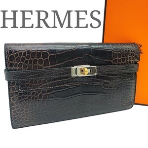 極美品☆ HERMES エルメス ケリーウォレット クロコダイル アリゲーター エキゾチック ブラウン 長財布 メンズ レディース