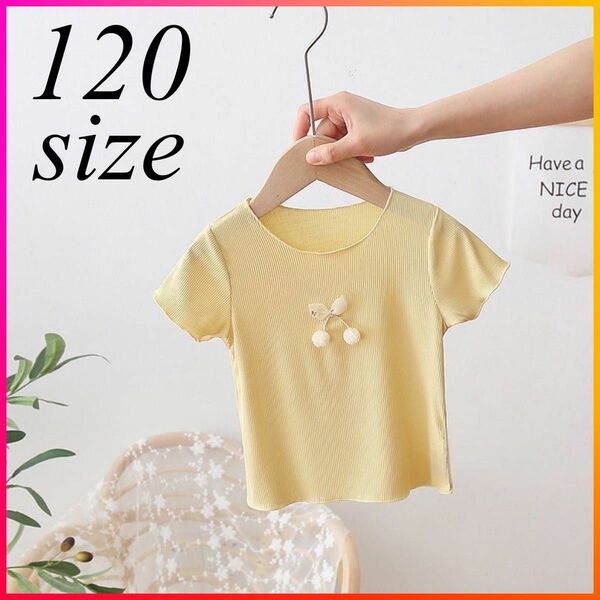 半袖 トップス Tシャツ 半袖Tシャツ キッズ 子供 女の子 かわいい さくらんぼ イエロー 黄色 120