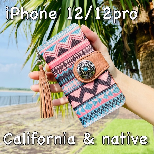 iPhone 12 Pro/12 レザーケース☆ネイティブ&コンチョ☆アイフォン手帳型カバー☆