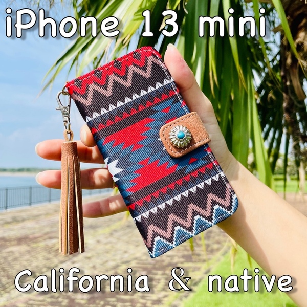 iPhone 13 mini レザーケース*ネイティブ&コンチョ*西海岸スタイル*アイフォン手帳型カバー*