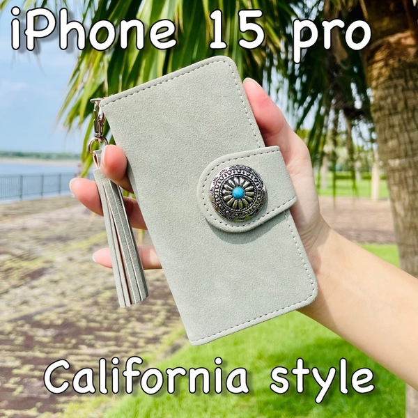 iPhone 15 Pro レザーケース☆スエード&コンチョ☆アイフォン手帳型カバー☆