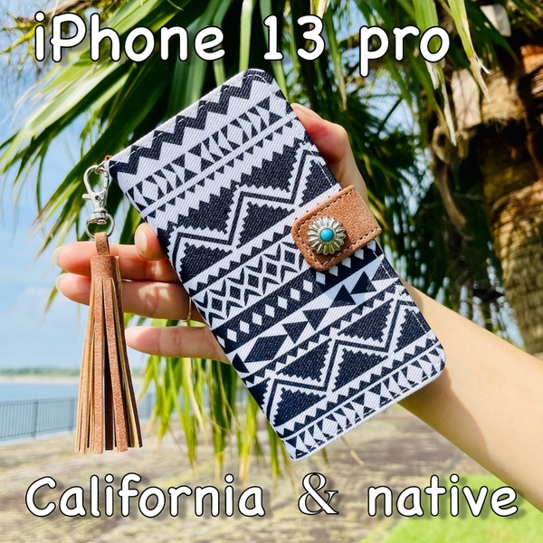 iPhone 13 pro レザーケース/カバー☆ネイティブ&コンチョ☆西海岸スタイル*手帳型