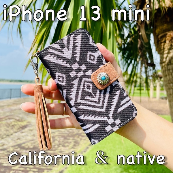 iPhone 13 mini レザーケース/カバー☆ネイティブ&コンチョ☆西海岸スタイル*手帳型