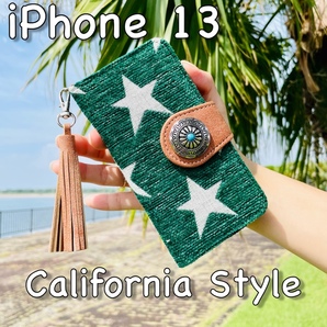 iPhone 13 レザーケース☆西海岸スタイル 星柄&コンチョ☆アイフォン手帳型カバー☆の画像1