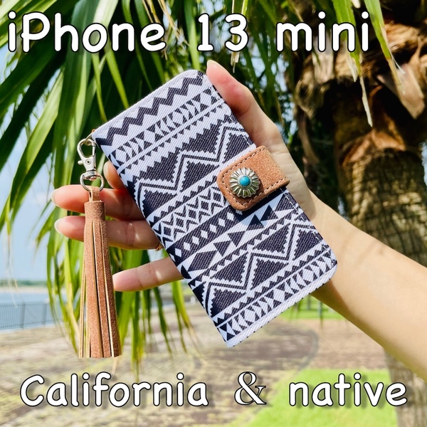 iPhone 13 mini レザーケース/カバー☆ネイティブ&コンチョ☆西海岸スタイル*手帳型