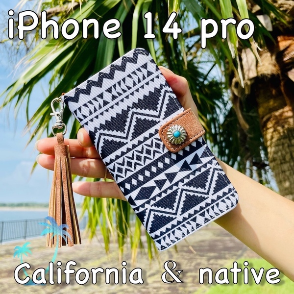 iPhone 14 pro レザーケース☆ネイティブ&コンチョ☆西海岸スタイル*アイフォン手帳型カバー
