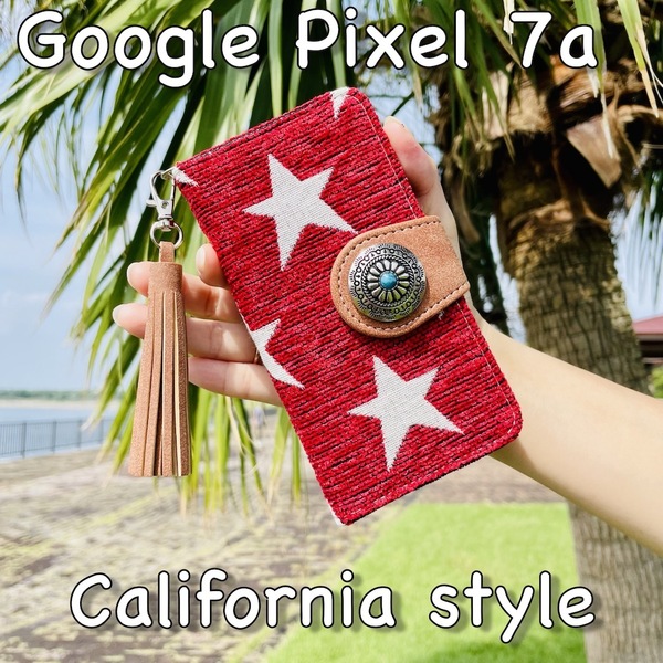 Google Pixel 7a レザーケース☆西海岸スタイル☆星柄&コンチョ☆手帳型カバー☆グーグルピクセル7a