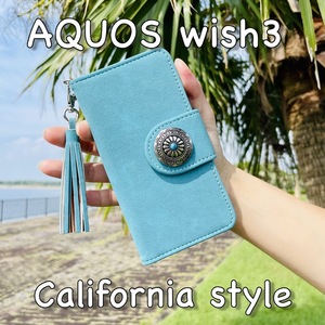 AQUOS wish3 レザーケース☆フリンジ/スエード&コンチョ☆アクオス手帳型カバー☆