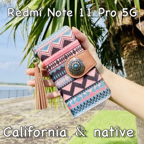 Redmi Note 11 Pro 5G レザーケース☆ネイティブ&コンチョ☆手帳型カバー☆