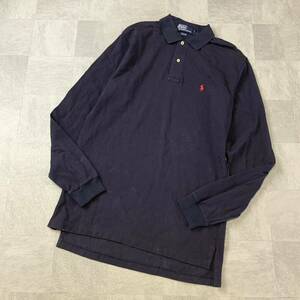 90‘s USA製 POLO by Ralph Lauren ポロ ラルフローレン 鹿子 長袖 ポロシャツ メンズ Lサイズ ネイビー レッド