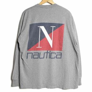 90's USA製 ノーティカ ロゴ プリント クルーネック Tシャツ 長袖 (XL位) 霜降り灰 ロンT NAUTICA 90年代 アメリカ製 旧タグ オールド