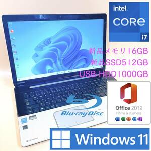 [FullHD+最強i7+新品SSD512GB+新品メモリ16GB] 東芝 dynabook TB77 Intel core i7-4710HQ/Windows11/office2019 H&B/Blu-Ray/Webカメラ/BLT