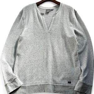 極美品■ARMANI EXCHANGE アルマーニ エクスチェンジ L 大きいサイズ スキッパー コットン ニット グレー 春物 薄手 イージーケア メンズ 