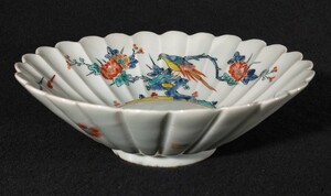 須田菁華 柿右衛門様式 染付 金彩 色絵 花文 花鳥図 菊形 17cm 深鉢 菓子鉢 菓子器 茶道具 九谷焼 b-59a3482k