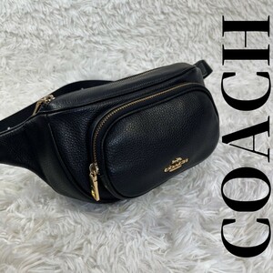 極美品【COACH】レザー ゴールド金具 ボディーバッグ 馬車金具 ボディバッグ ウエストバッグ ブラック 黒 コーチ ゴールドファスナー