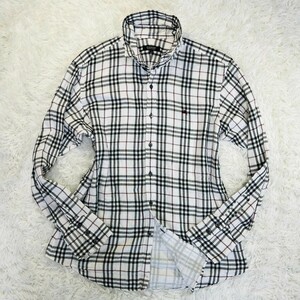 美品【BURBERRY BLACK LABEL】バーバリーブラックレーベル チェックシャツ 立襟 ホースロゴ コットン100% ボタン刻印 サイズL ボタンダウン