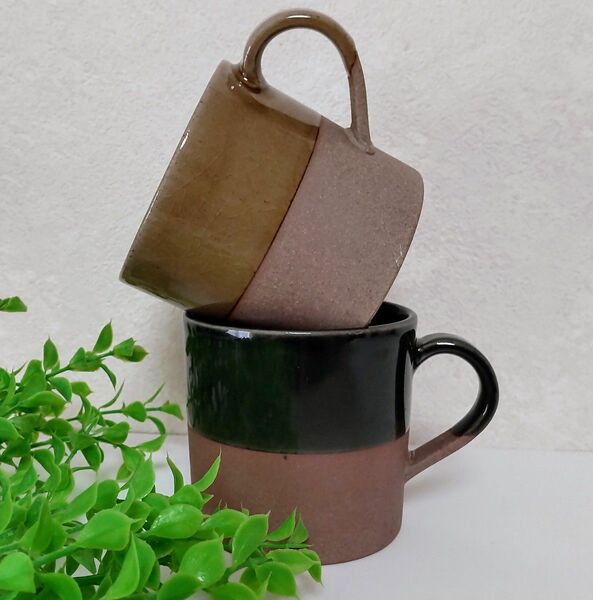 Soil mug cup モスグリーン&マスタード色 美濃焼 ペアマグ