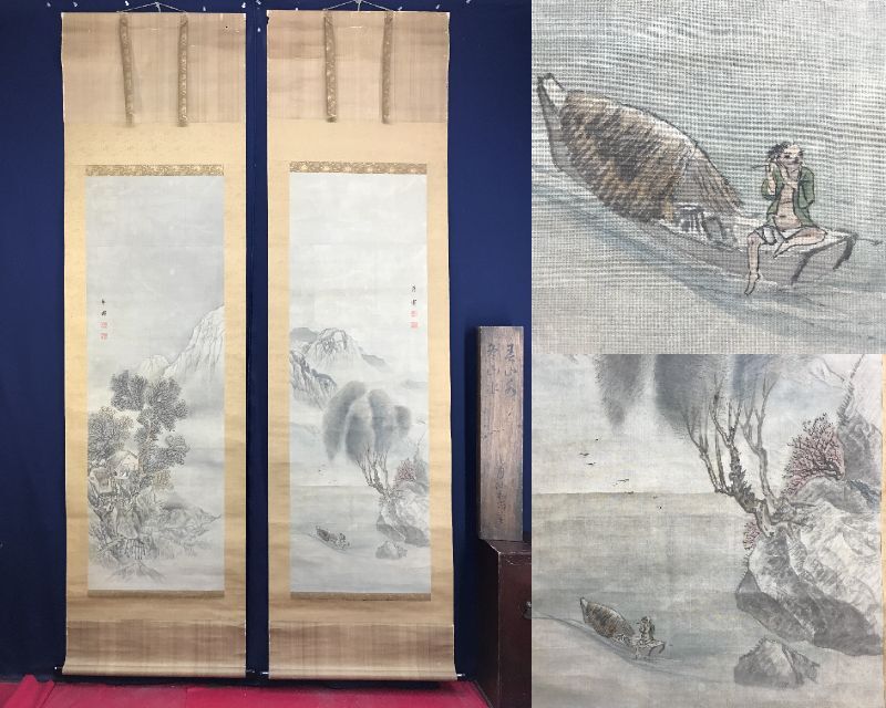 Authentic work/Monk Getsusen/Spring and winter landscape with figures/Landscape/Pair of scrolls/Hanging scroll☆Treasure ship☆AF-230, Painting, Japanese painting, Landscape, Wind and moon