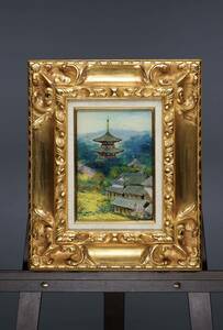 Art hand Auction 真作保証 上島秀明｢大和法起寺春色｣ガラス絵 SM号(16cmx23cm) 本人直筆サイン･共シールあり 1982年制作 状態良好!, 美術品, 絵画, その他