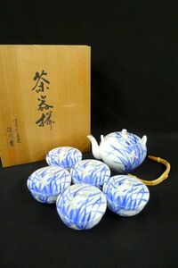 P160 有田焼【深川製磁 蘭紋茶器揃】急須 蓋付湯呑5客 煎茶道具 宮内庁御用達 /100