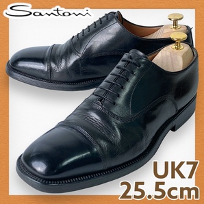 【即決】SANTONI イタリア製サントーニ UK7 25.5cm メンズ 内羽根ストレートチップ ブラック 本革レザー レースアップ 1282 冠婚葬祭用