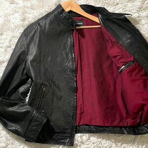 極美品/サイズXL EMPORIO ARMANI エンポリオアルマーニ ライダースジャケット レザー 本革 シングル ダブルジップ ロゴ襟 ブルゾン 黒 赤