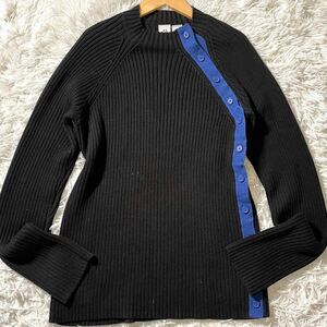 美品/サイズL アルマーニエクスチェンジ ARMANI EXCHANGE ニット セーター ボタンデザイン ハイネック ロゴライン ブラック 黒 ブルー 青 