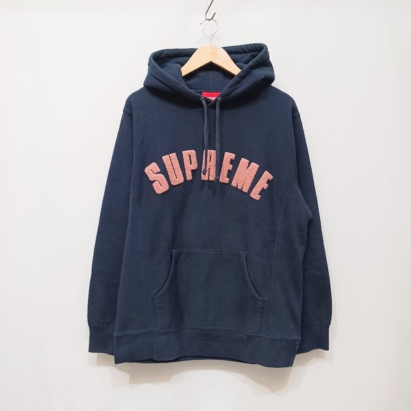 SUPREME シュプリーム 17SS Chenille Arc Logo Hooded Sweatshirt NAVY ロゴパーカー フーディ 