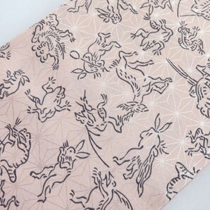 半衿 鳥獣戯画 3枚セット ピンク イエロー グリーン うさぎ かえる さる 麻の葉地紋 ポリエステル 洗えるの画像3