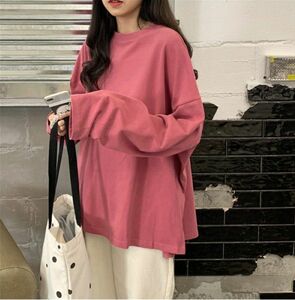 ロンT 長袖 Tシャツ カットソー スリット 小さいサイズ ゆったり 大人可愛い　ピンク　M　オーバーサイズ　体型カバー