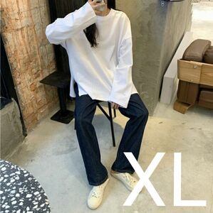 ロンT 長袖 Tシャツ カットソー スリット 大きいサイズ ゆったり 大人可愛い　ホワイト　白　XL　オーバーサイズ　体型カバー