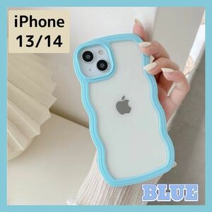 iPhoneケース iPhone13 iPhone14 ブルー ウェーブ 背面クリア クリア 韓国 カバー スマホケース 水色 青