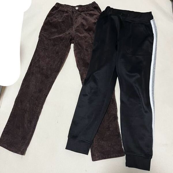 【130cm】キッズ ジュニア 男女兼用 ストレッチ ボトムス デニム 長ズボン 2本セットパンツ コーデュロイ ジャージ