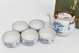 (745M 0304M8) 1円～ 未使用 重匠 山水 土瓶茶器 急須 湯呑 5客 煎茶 茶道具 和食器