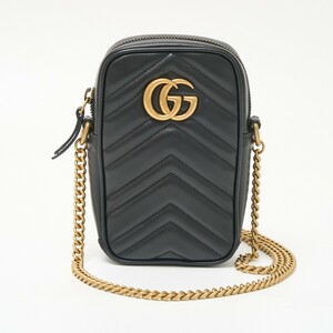 GUCCI グッチ 〔GGマーモント〕ミニ バッグ 598597 DTDCT 1000 ショルダーバッグ シェブロン キルティングレザー ブラック×ゴールド