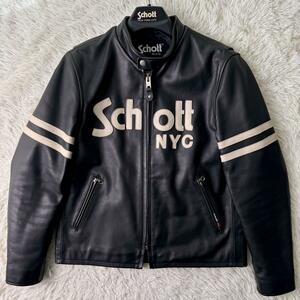 【極美品 希少】サイズＬ●schott ライダースジャケット レザー 本革 ビッグロゴ ブラック 黒 ショット アウター ブルゾン 裏地総柄