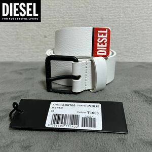 新品 未使用 タグ付き ★定価11,880円 DIESEL ディーゼル メンズ 95cm ロゴ レザー ベルト 牛革 スクエアバックル ホワイト 18