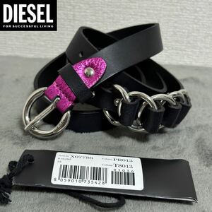 新品 未使用 タグ付き ★定価8,800円 DIESEL ディーゼル レディース 75cm ロゴ メタルリング ラウンドバックル 牛革 ベルト ブラック 01